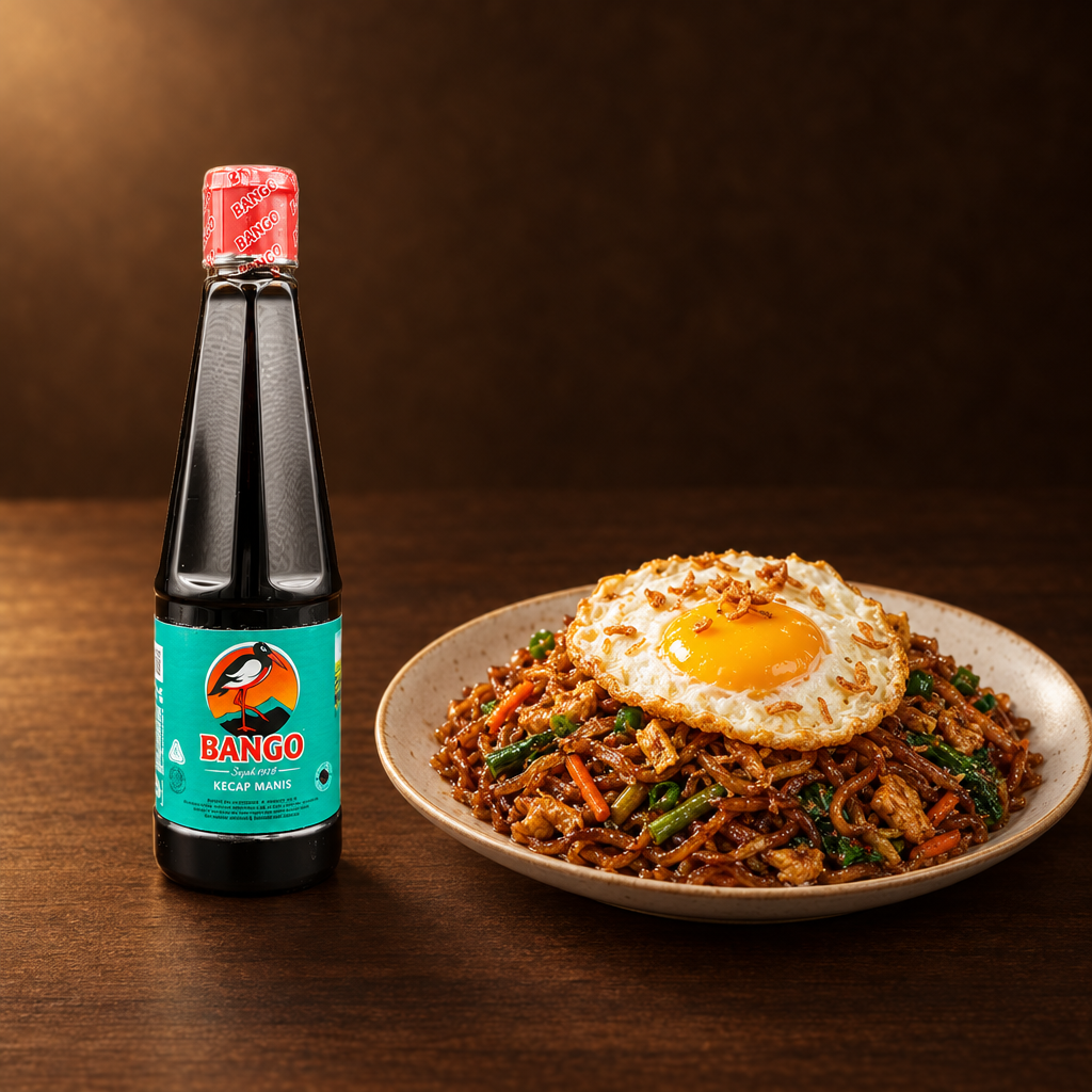 Bango Kecap Manis 275 ml – Flasche mit Mie Goreng