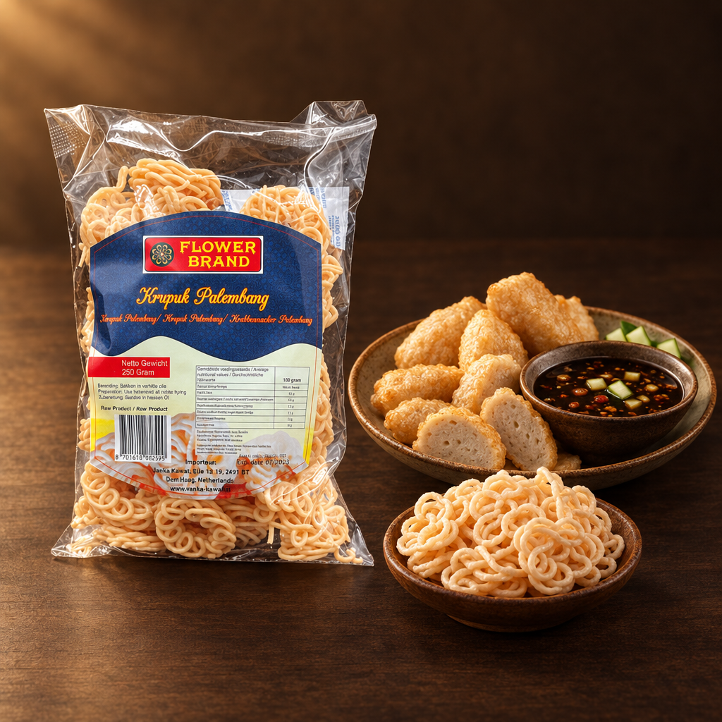 Kerupuk Palembang Flowerbrand 250g – Packung mit Krupuk und Pempek