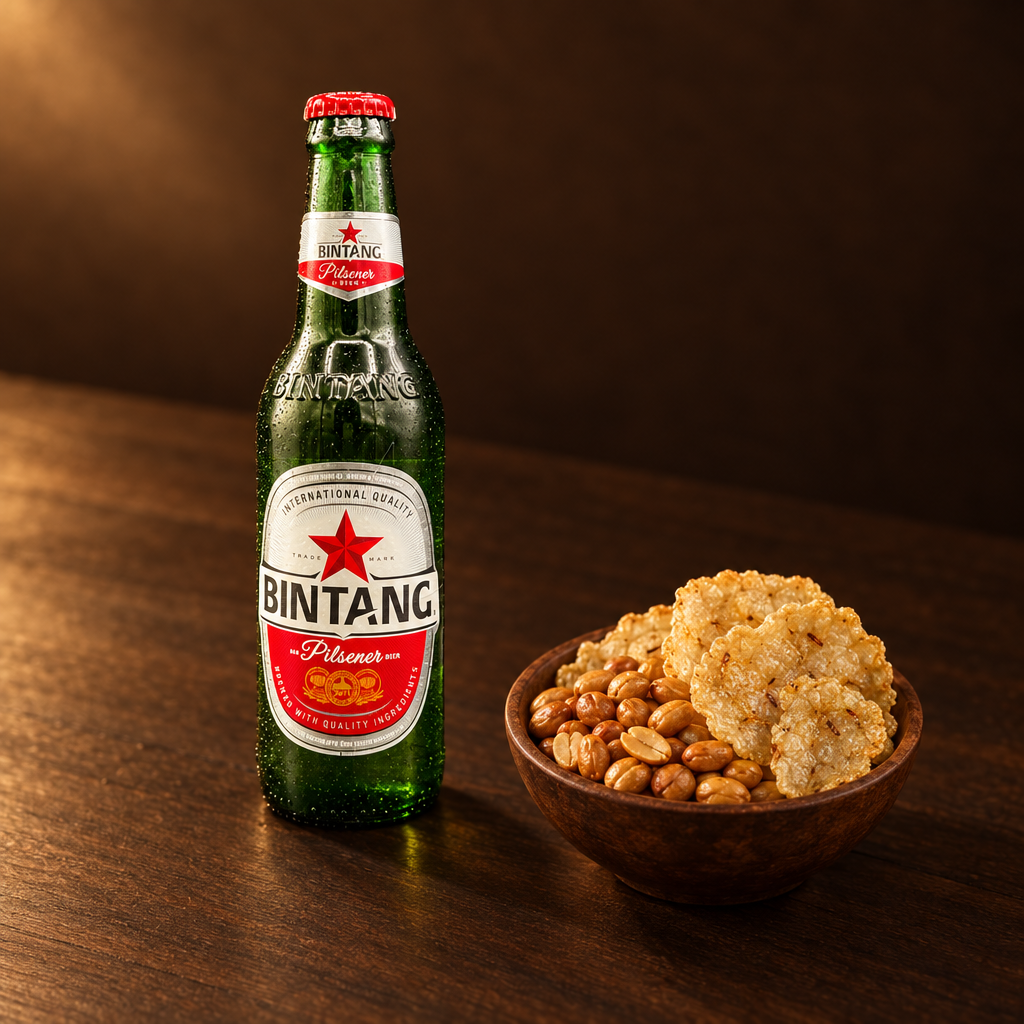 Bir Bintang 330 ml – Flasche mit Erdnüssen und Emping als Snack