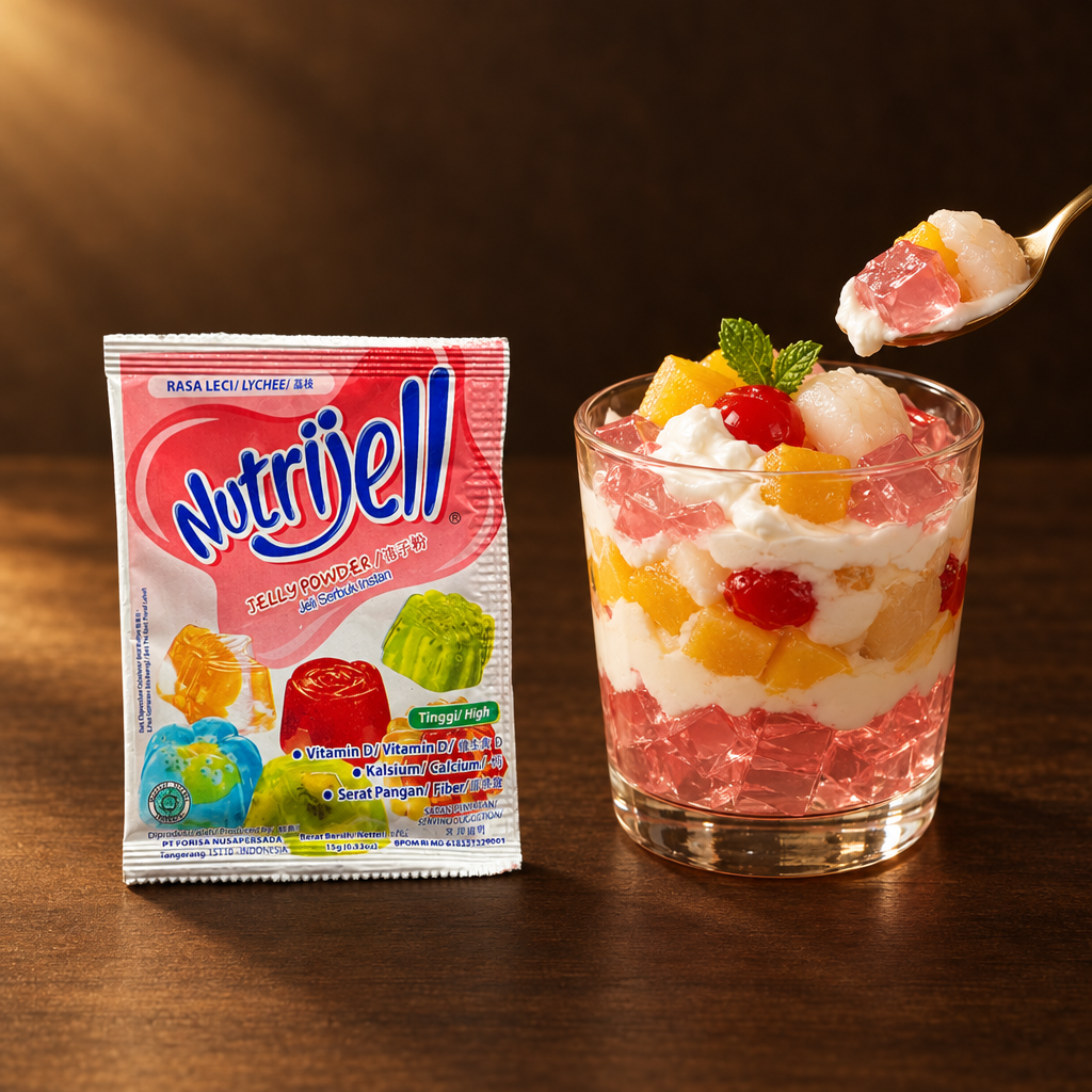 Nutrijell Jelly Powder Lychee 15g – Packung mit Schichtdessert im Glas