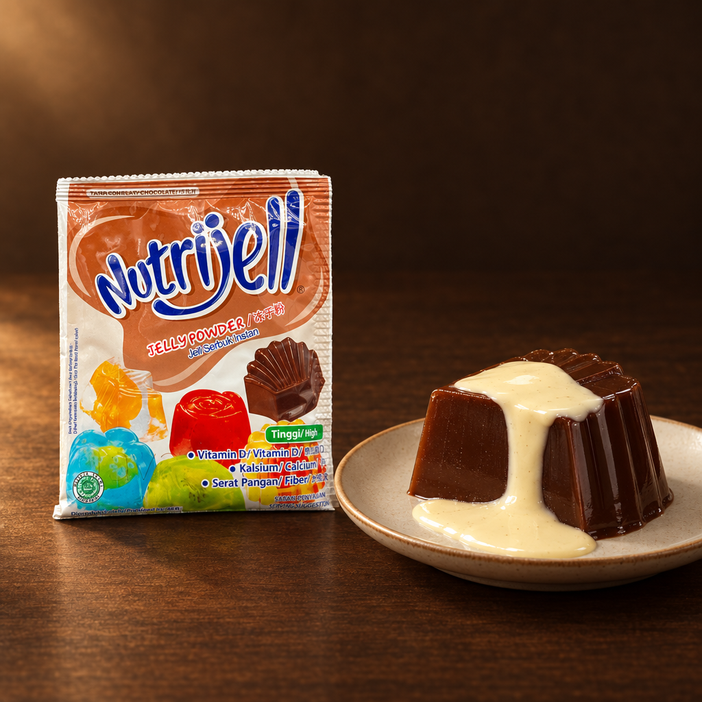 Nutrijell Jelly Powder Coklat 15g – Packung mit Schokoladenpudding und Vanillesauce