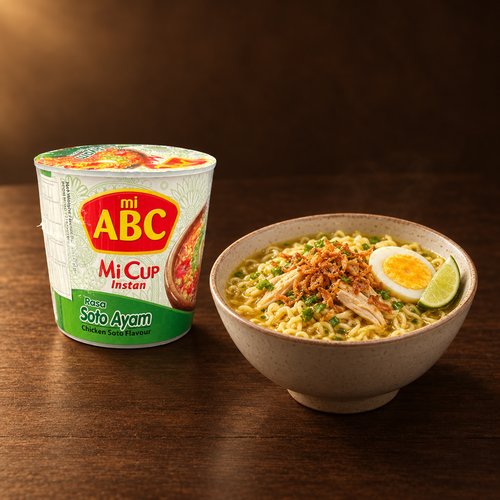 ABC Mi Cup Rasa Soto Ayam 60 g – Becher mit Suppe in der Schüssel und Ei