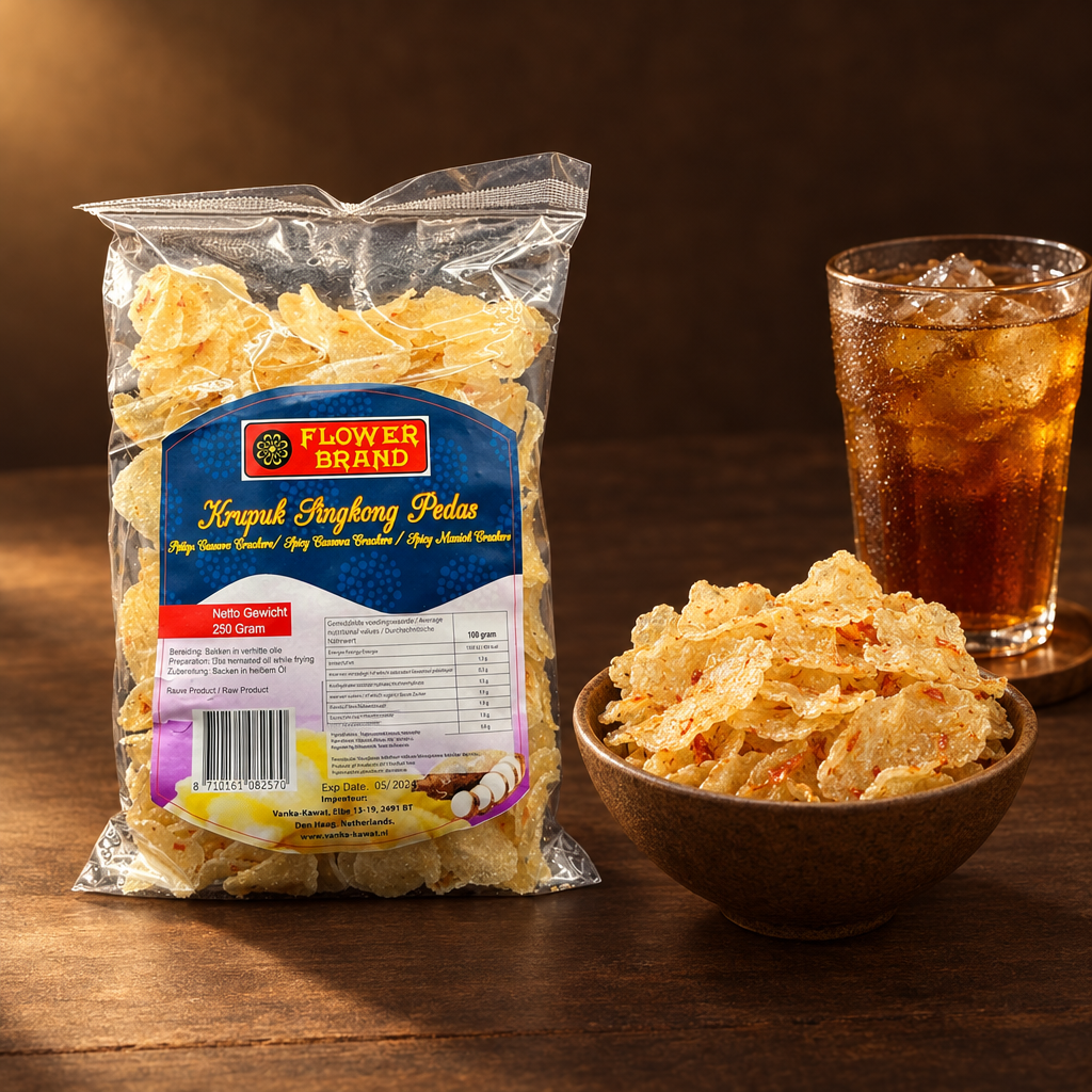 Kerupuk Singkong Pedas 250g – Packung mit Snackschale und Getränk