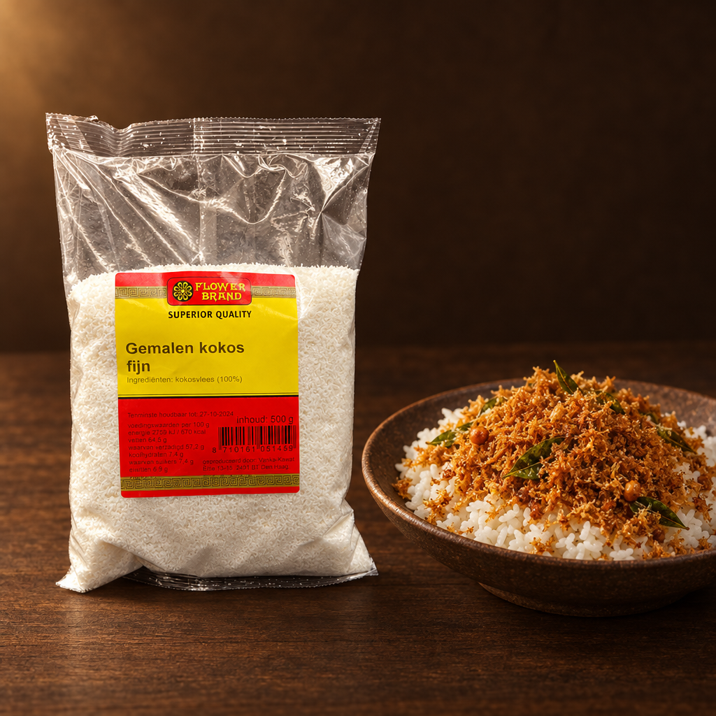 Kelapa Parut Kering 250g – Packung mit Serundeng und Reis