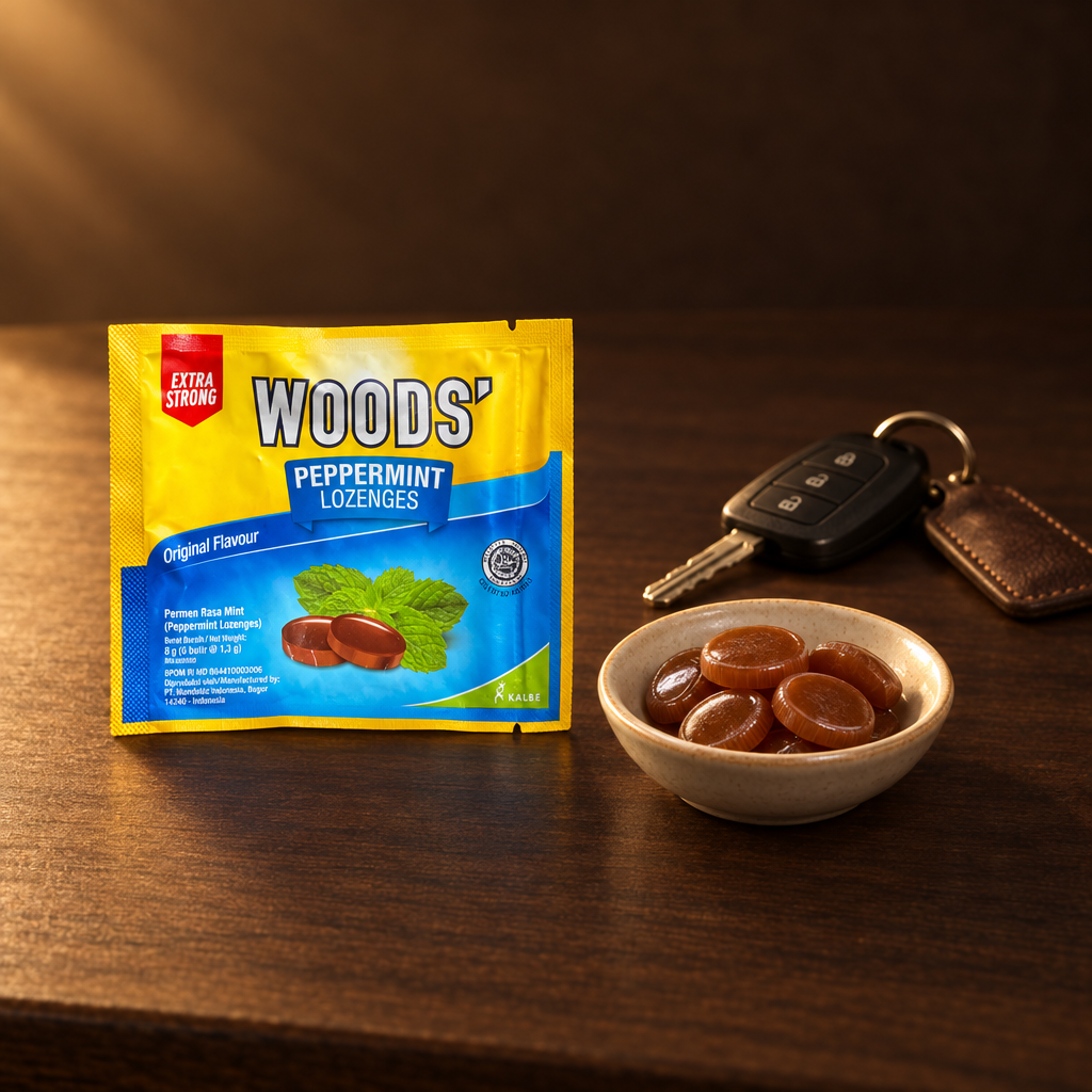 Woods' Permen Peppermint Extra Strong – Packung mit Bonbons für unterwegs
