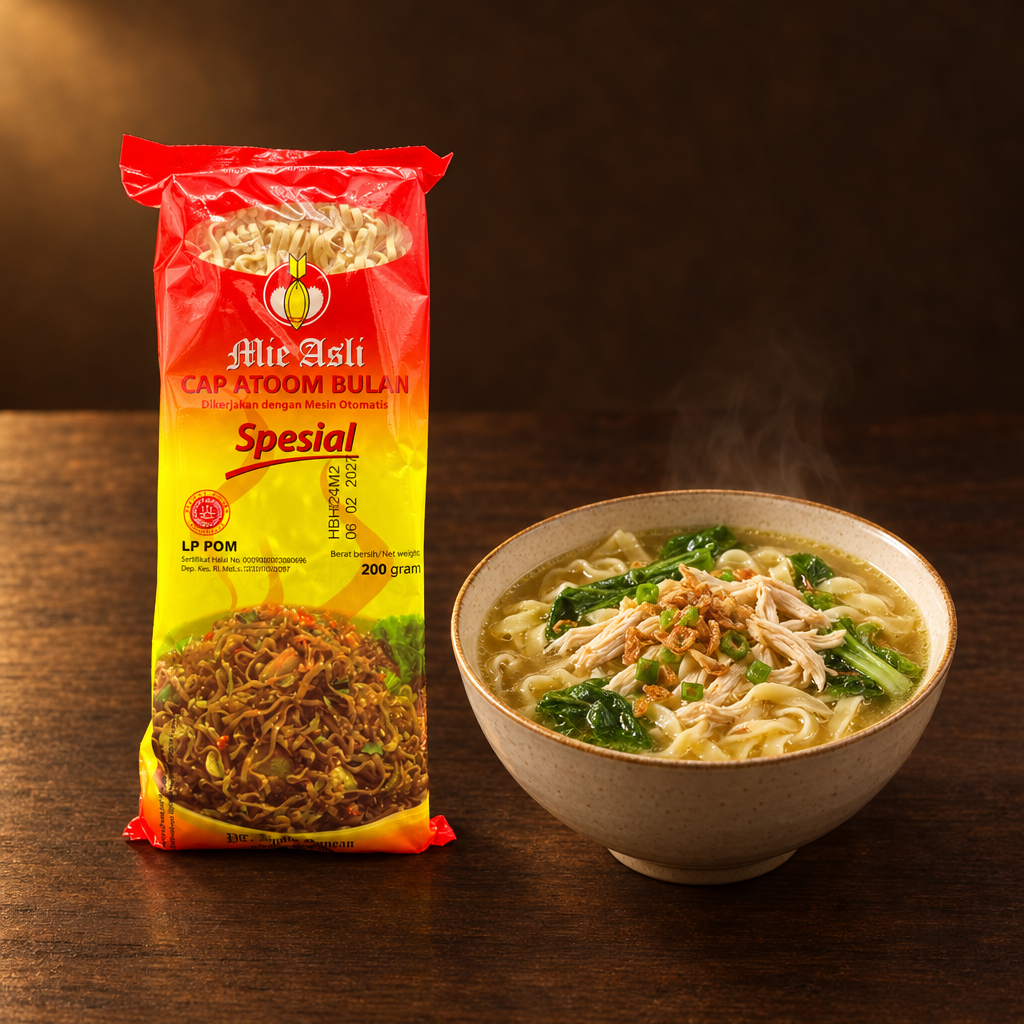 Atoom Bulan Mie Lebar Spesial 200 g – Packung mit Bandnudelsuppe