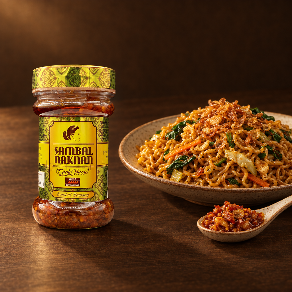 Sambal NAKNAN Sambal Bawang Level 5 – Glas mit Bratnudeln und Sambal
