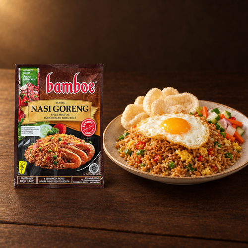 Bamboe Bumbu Nasi Goreng 67 g – Packung mit Nasi Goreng, Spiegelei und Krupuk