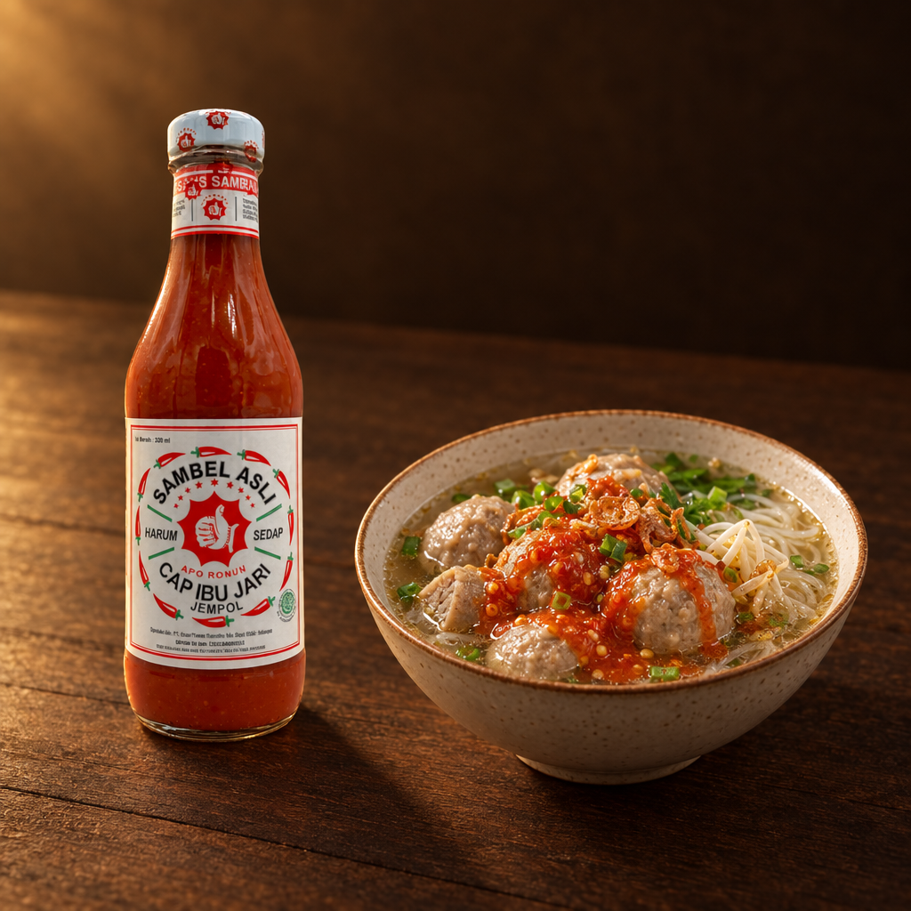 Saus Cabe Cap Ibu Jari 320ml – Flasche mit Bakso-Suppe