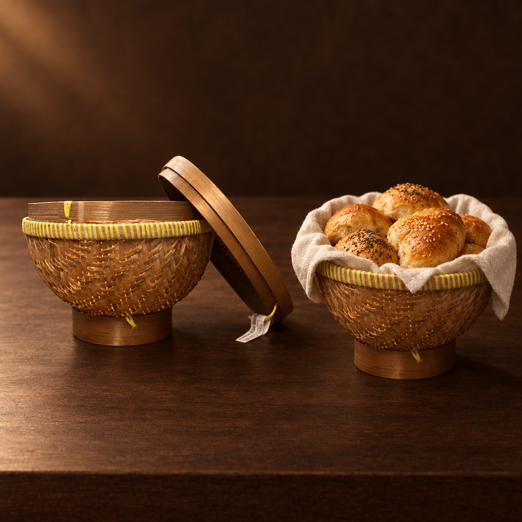 Bakul Nasi Bambu – Korb als Brotkorb auf dem Tisch