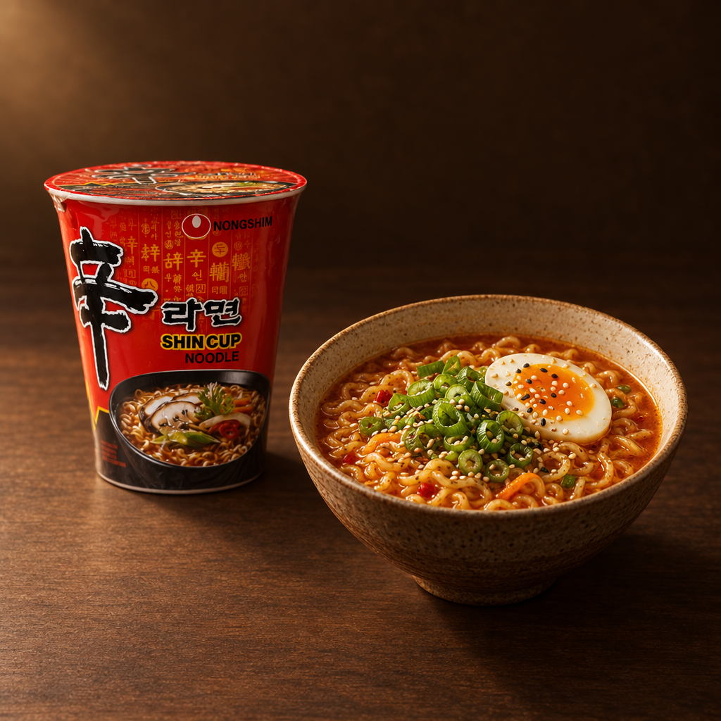 Nong Shim Instant Cup Noodle Spicy – Becher mit Ramen in der Schüssel