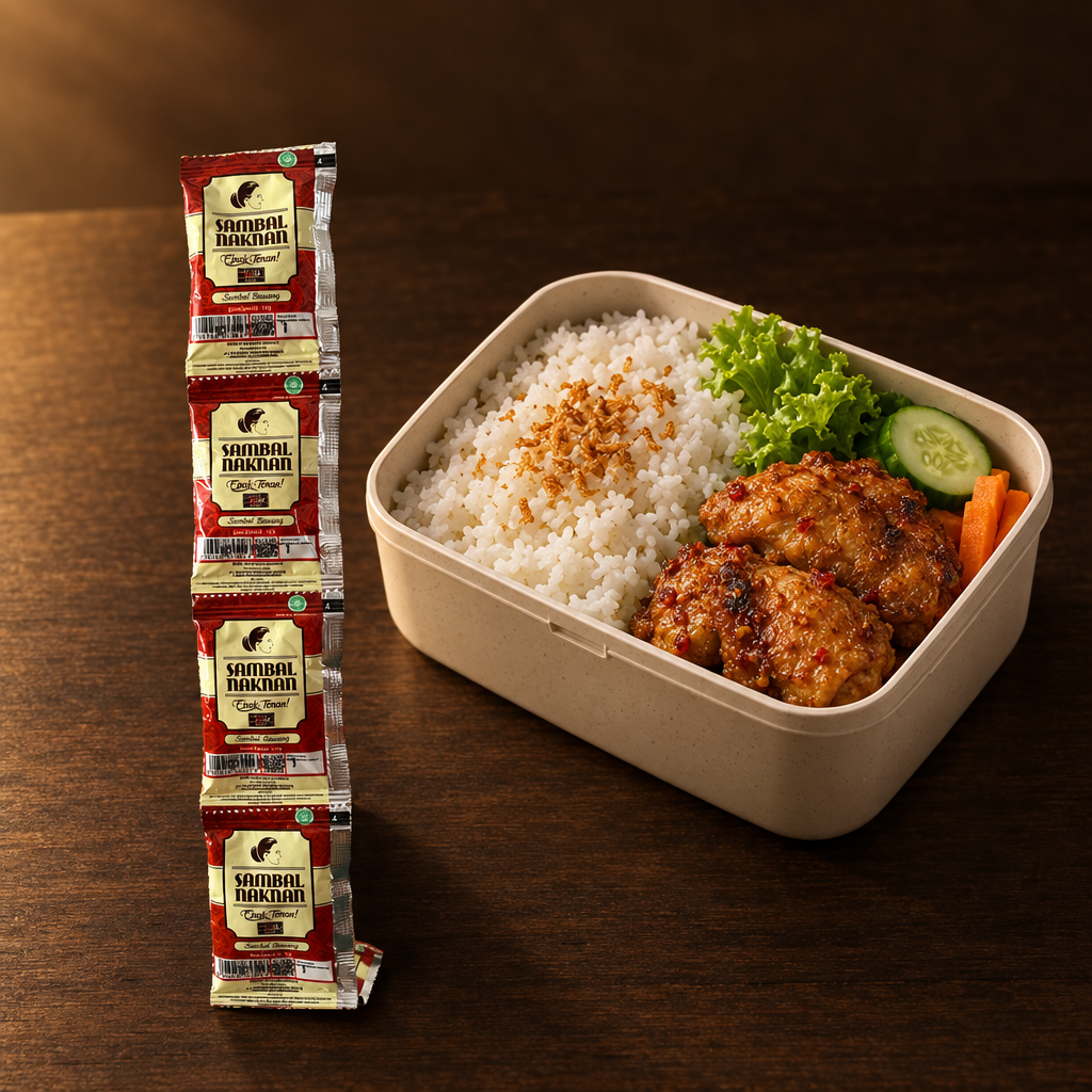 Sambal NAKNAN Sambal Bawang Level 3 Sachet – Sachet mit Lunchbox