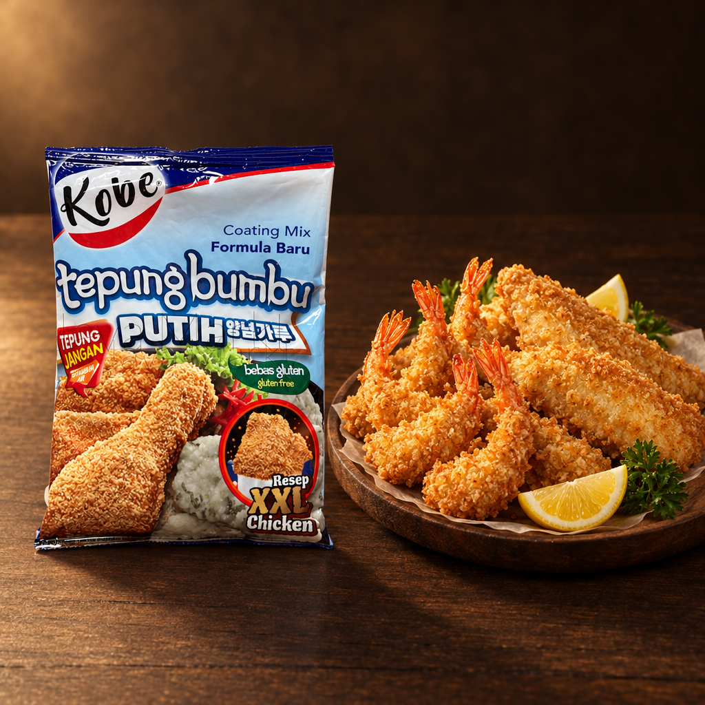 Kobe Tepung Bumbu Putih 75 g – Packung mit knusprigen Garnelen und Fisch