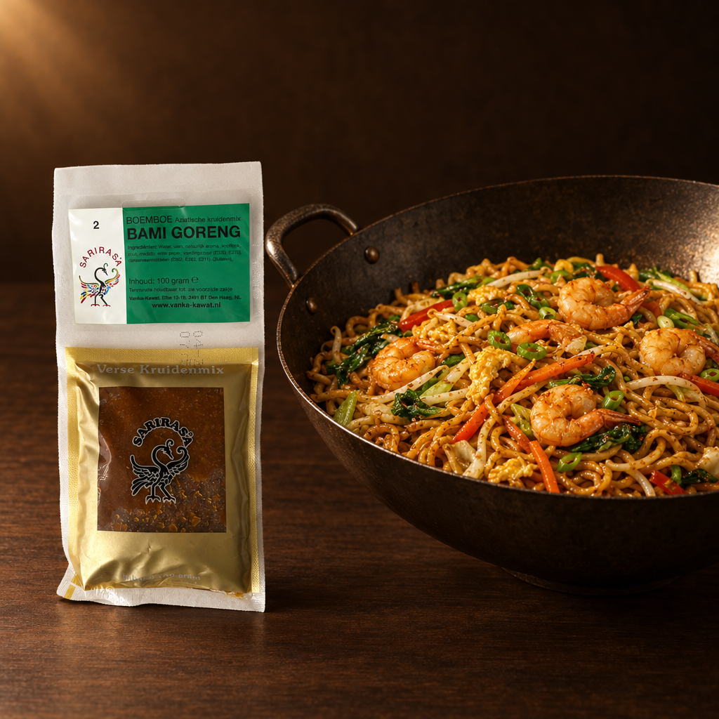 Sari Rasa Bumbu Bami Goreng – Packung mit Wok voller Bami Goreng