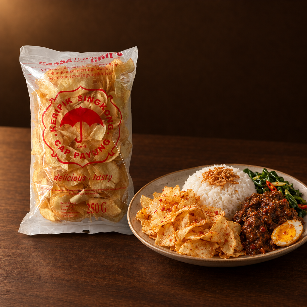 Mirasa Keripik Singkong Pedas 250 g – Packung mit Reisgericht und Chips