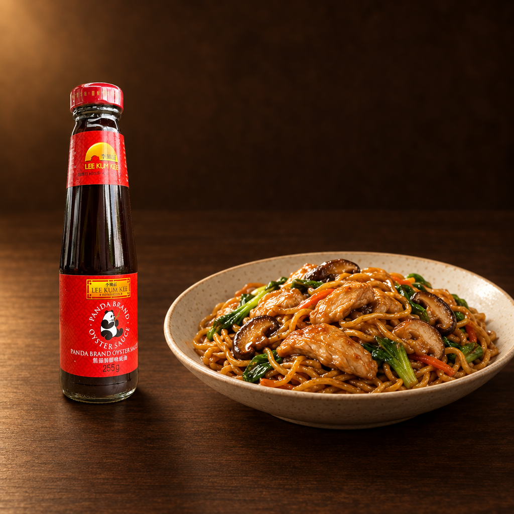 Lee Kum Kee Saus Tiram Panda Brand 255 g – Flasche mit gebratenen Nudeln
