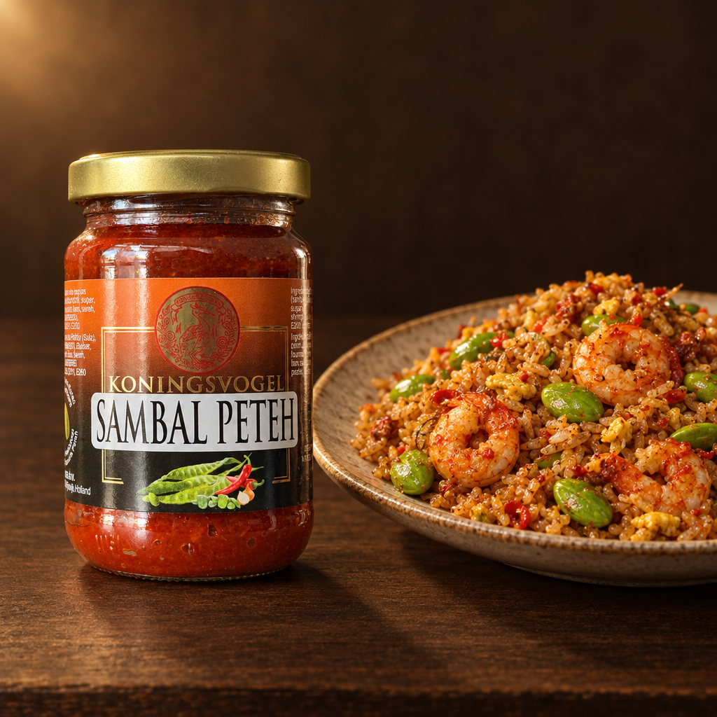 Sambal Peteh Koningsvogel – Glas mit Nasi Goreng Petai