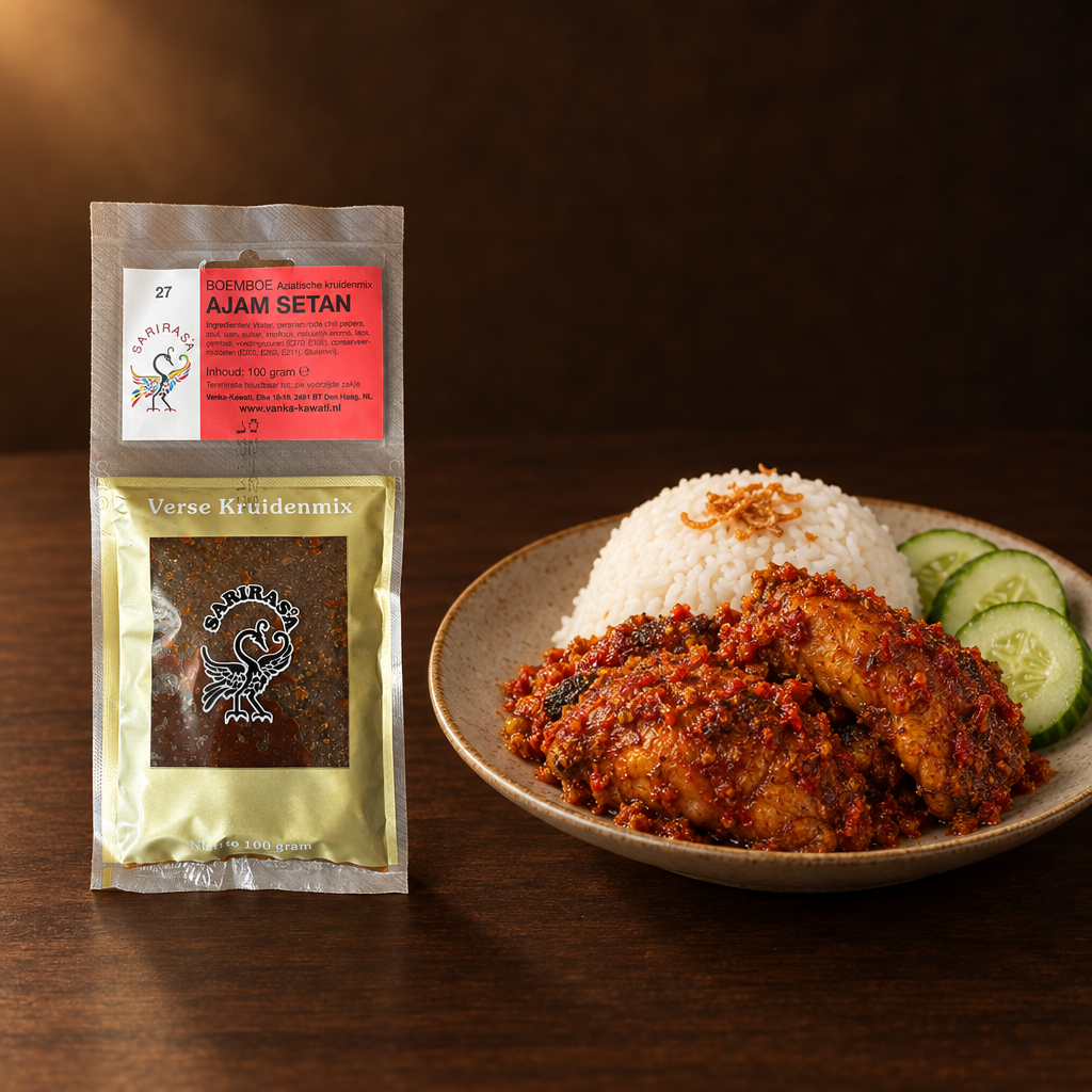 Sari Rasa Bumbu Ayam Setan – Packung mit komplettem Reisteller