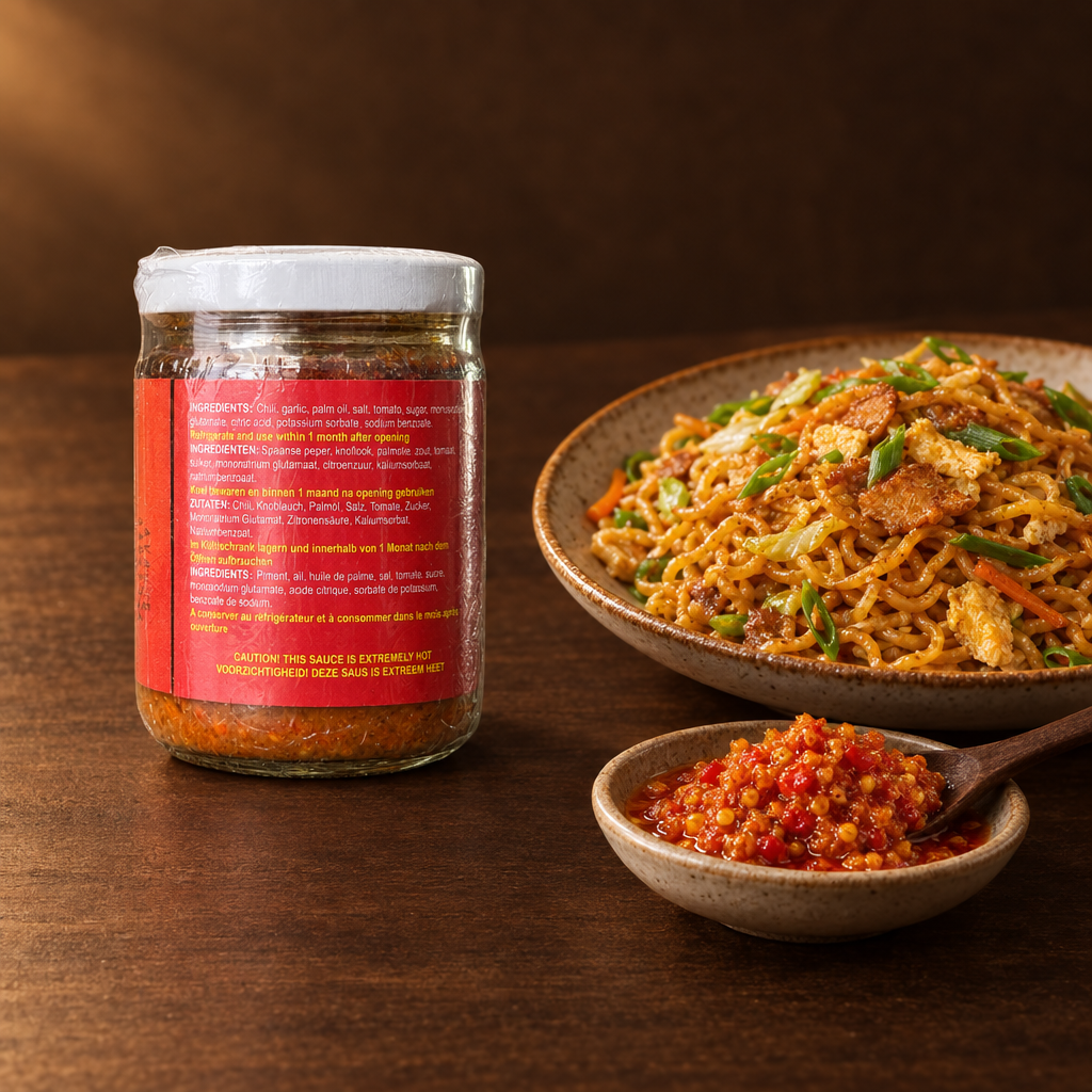 Sambal Geprek Extra Hot – Glas mit Bratnudeln und Sambal
