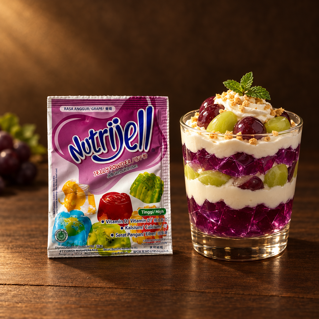 Nutrijell Jelly Powder Rasa Anggur 15 g – Packung mit Schichtdessert