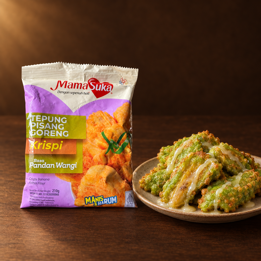 Mamasuka Tepung Pisang Goreng Rasa Pandan 210 g – Packung mit Pandan-Bananen