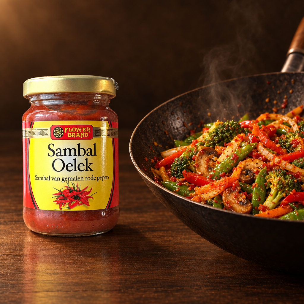 Sambal Oelek Flower Brand – Glas mit gebratenem Wokgemüse