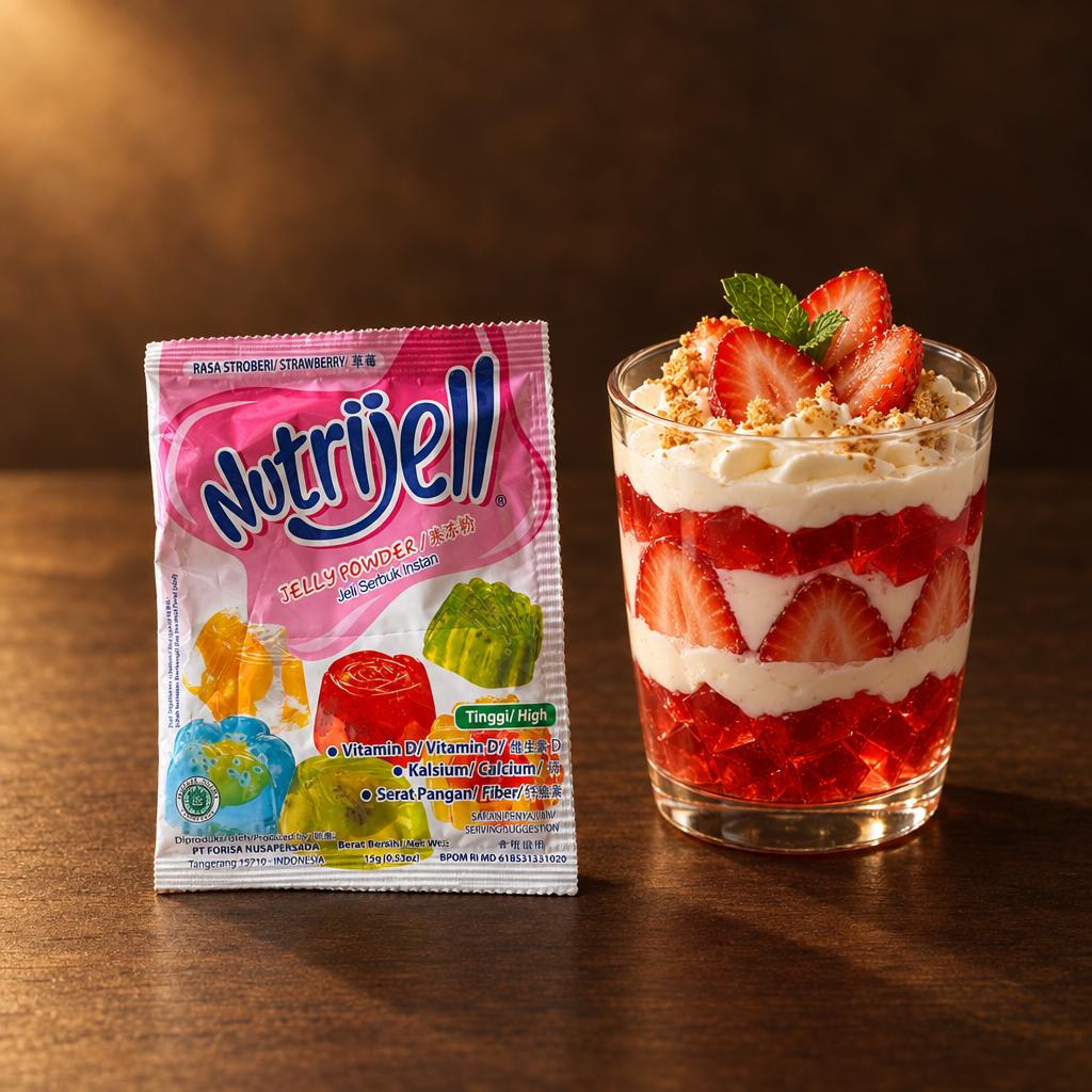 Nutrijell Jelly Powder Rasa Stroberi 15 g – Packung mit Erdbeer-Schichtdessert