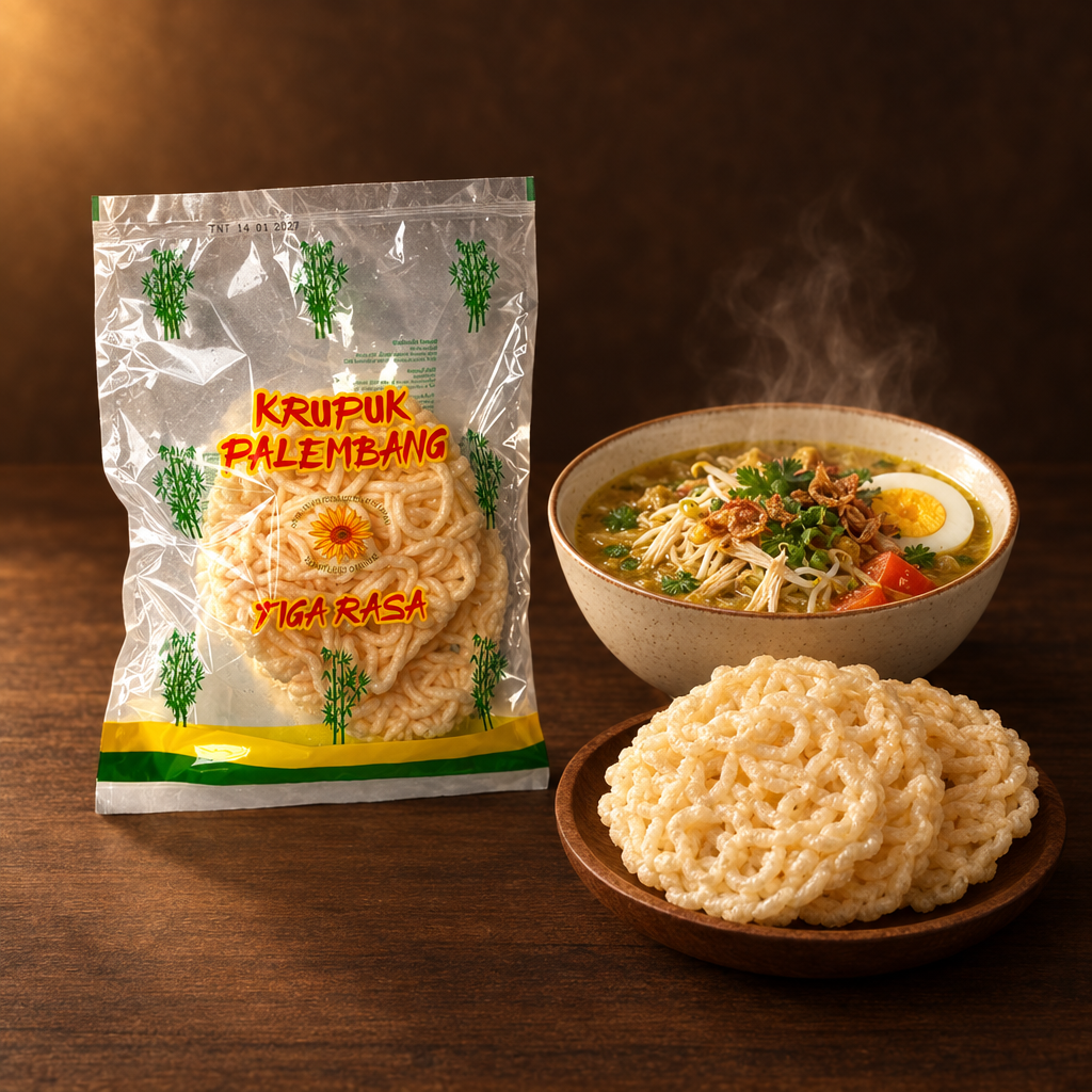 Tiga Rasa Kerupuk Palembang Besar 250 g – Packung mit Soto-Suppe und Krupuk
