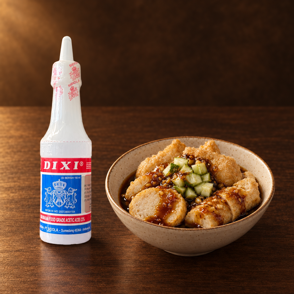 Dixi Cuka Makan Essigessenz 150 ml – Flasche mit Pempek und Essigsauce