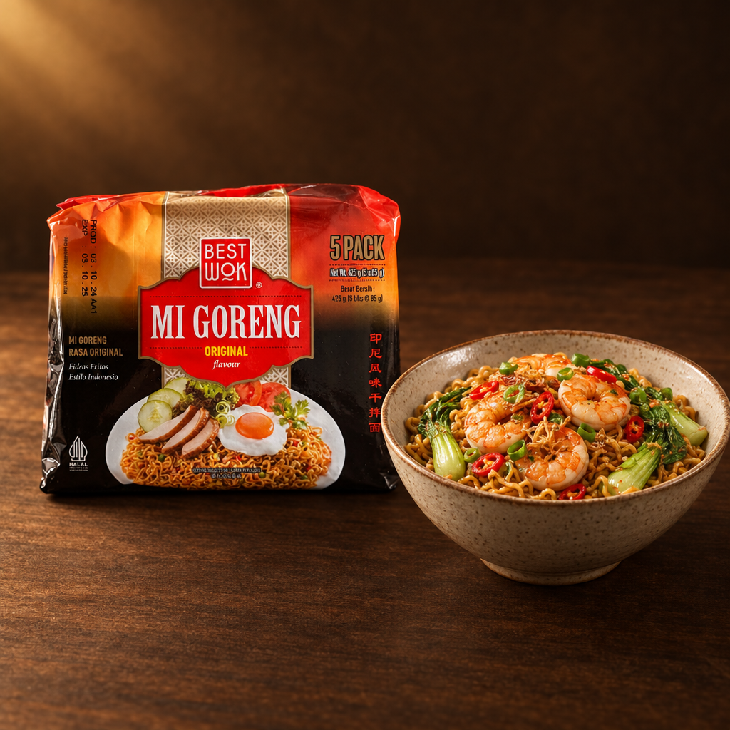 Best Wok Mie Goreng 5er Pack – Packung mit Nudeln, Garnelen und Pak Choi