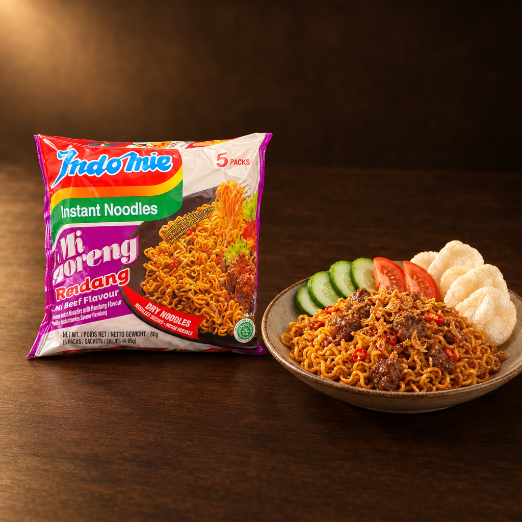 Indomie Mi Goreng Rasa Rendang 5 x 85 g – Packung mit Nudeln, Salat und Krupuk