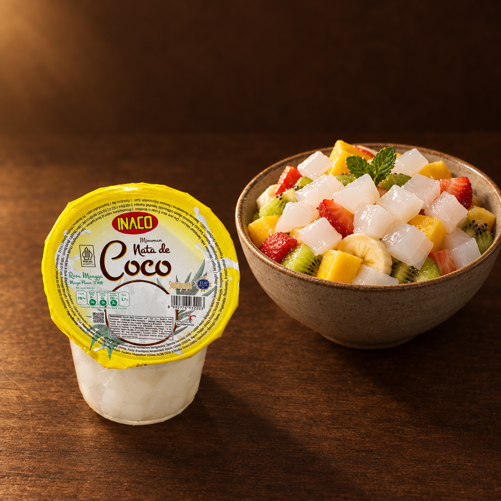 Inaco Nata de Coco Drink Mango 350 ml – Becher mit Fruchtsalat und Nata de Coco