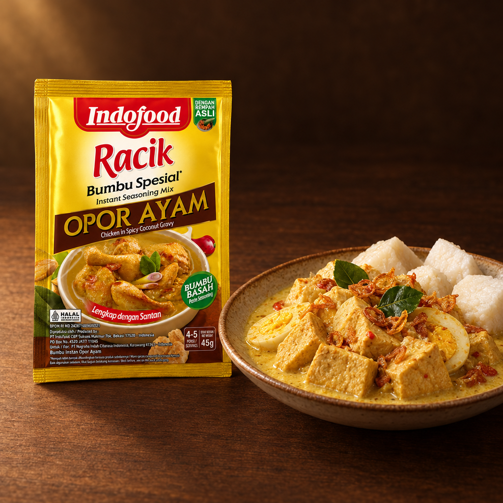 Indofood Racik Bumbu Spesial Opor Ayam – Packung mit Tofu-Ei-Opor und Reiskuchen