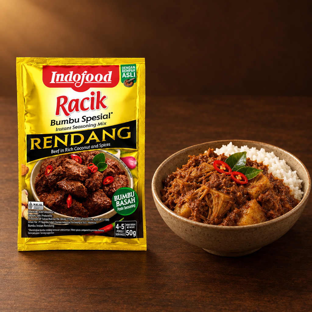 Indofood Racik Bumbu Spesial Rendang – Packung mit Jackfruit-Rendang und Reis