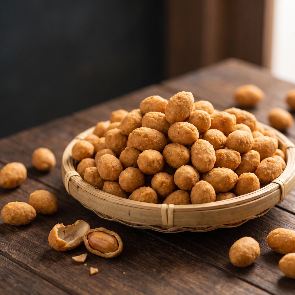 Serviervorschlag: Kacang Shanghai – knusprig ummantelte Erdnüsse im Bambuskorb