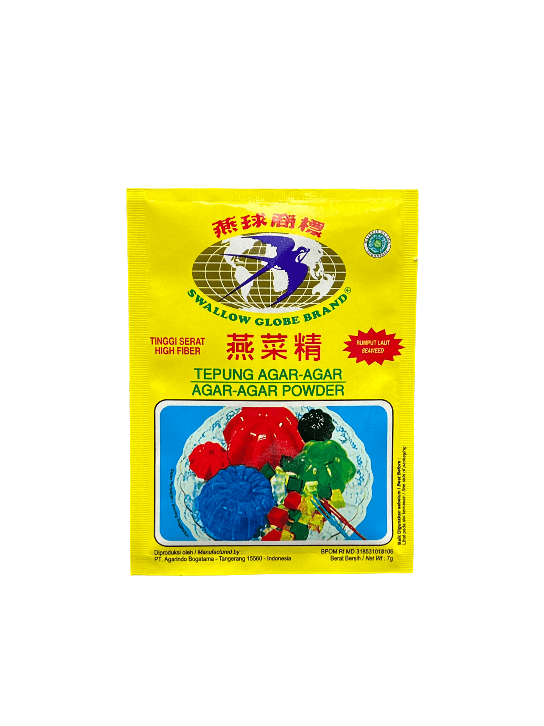 Weiße Swallow Agar Agar von Vanka Kawat, feines Agar Agar für Küchenanwendungen, in einer Verpackung mit weißem Pulver.