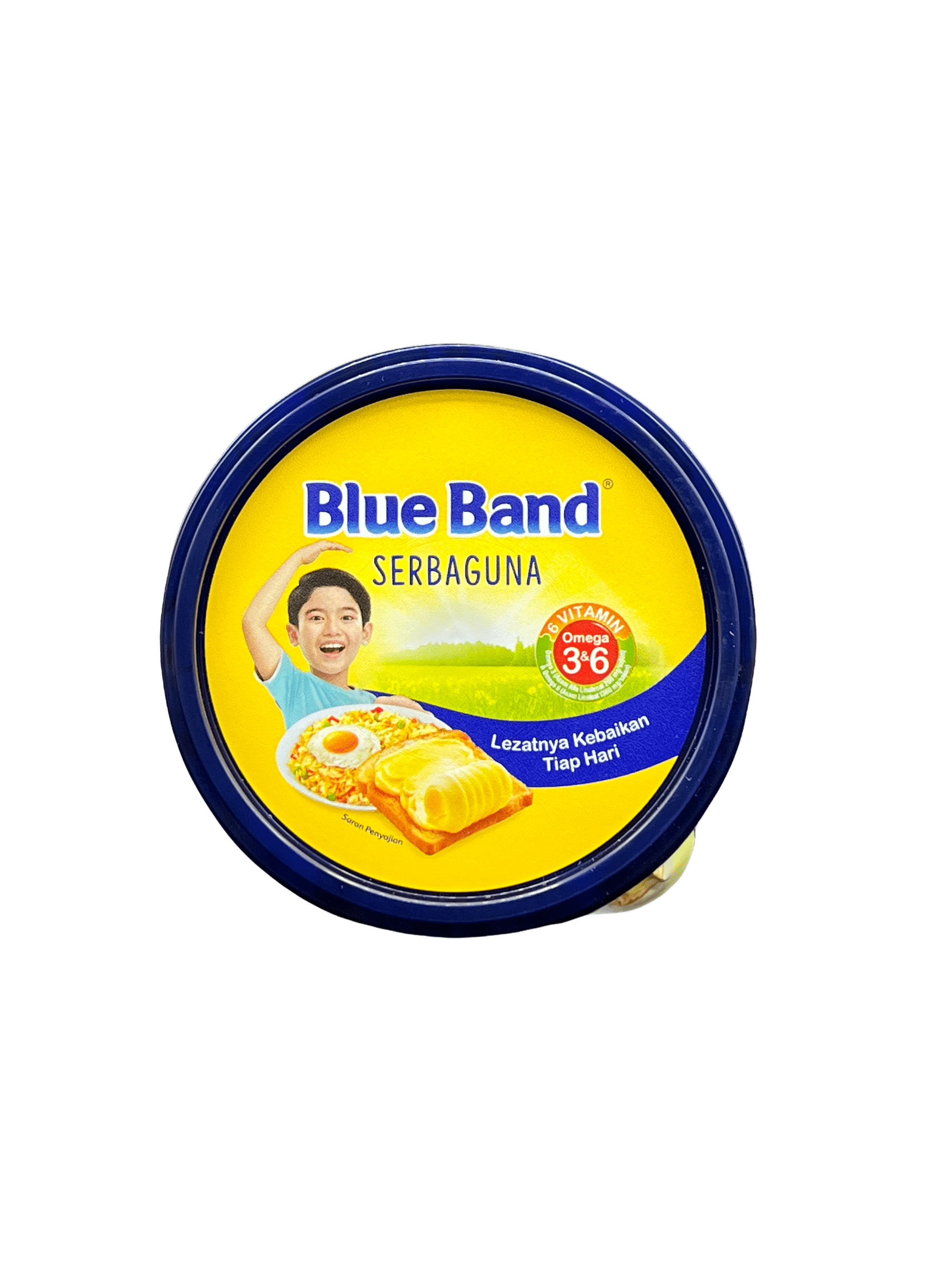 Blauer Margarine-Block von Nesia Food, Butter- und Margarineprodukt, sichtbare Verpackung in blauer Farbe