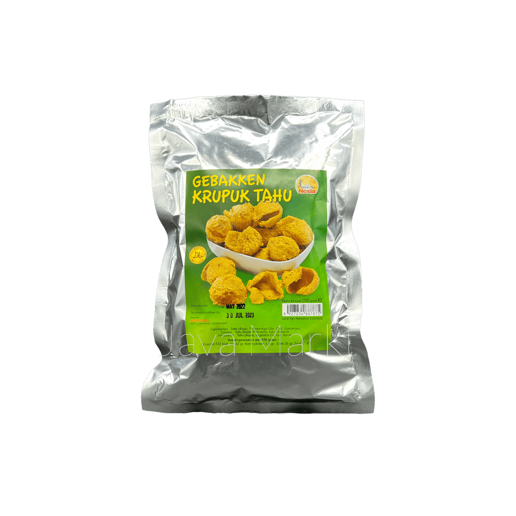 Knusprige, goldene Tofu-Chips von Nesia Food, ideal zum Snacken, mit knuspriger Textur und würzigem Geschmack.
