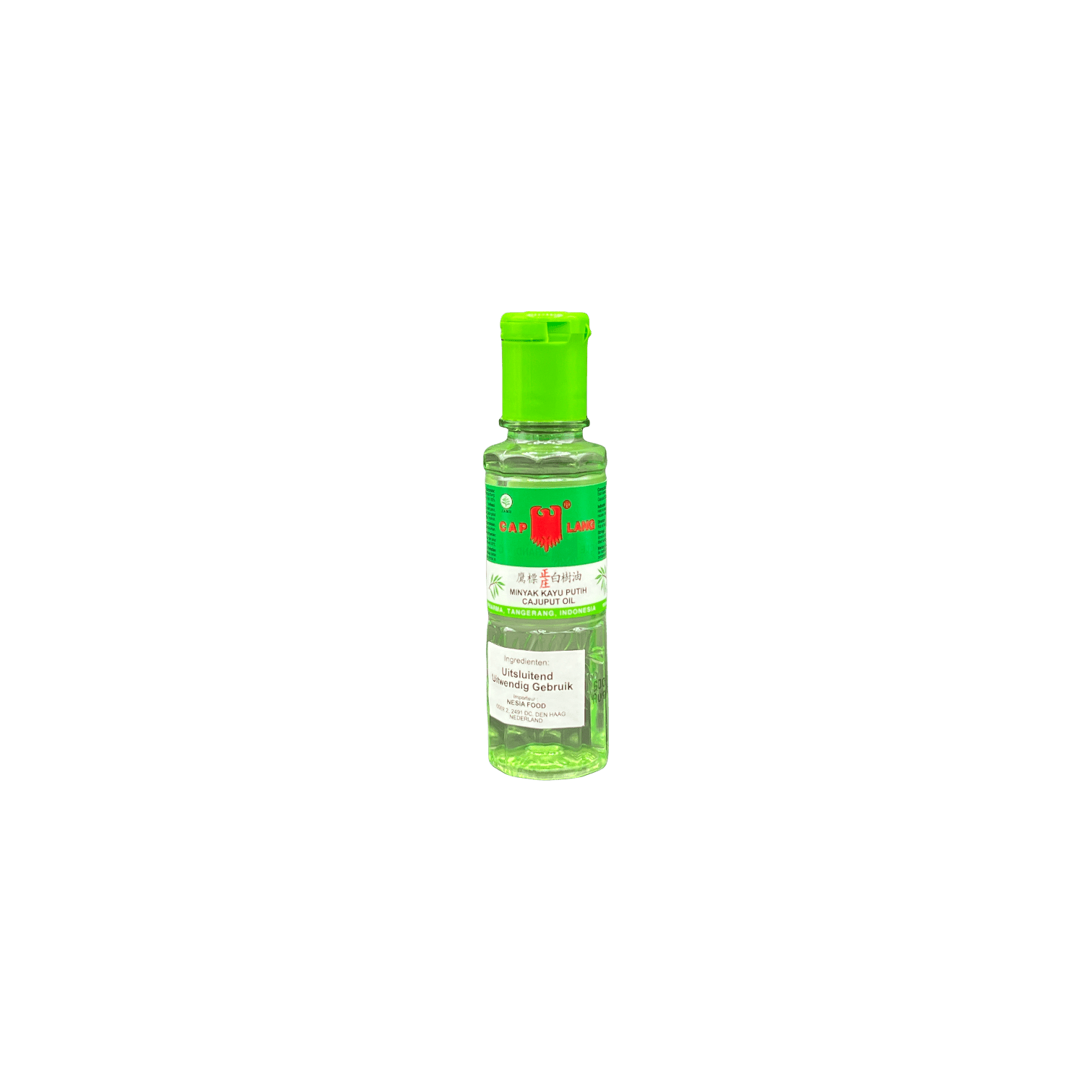 Massageöl Cap Lang mit Minyak Kayu Putih, Nesia Food, in einer Flasche mit weißem Etikett, ideal für Massage und Wohlbefinden