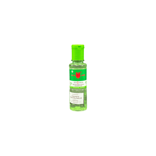 Massageöl Cap Lang mit Minyak Kayu Putih, Nesia Food, in einer Flasche mit weißem Etikett, ideal für Massage und Wohlbefinden