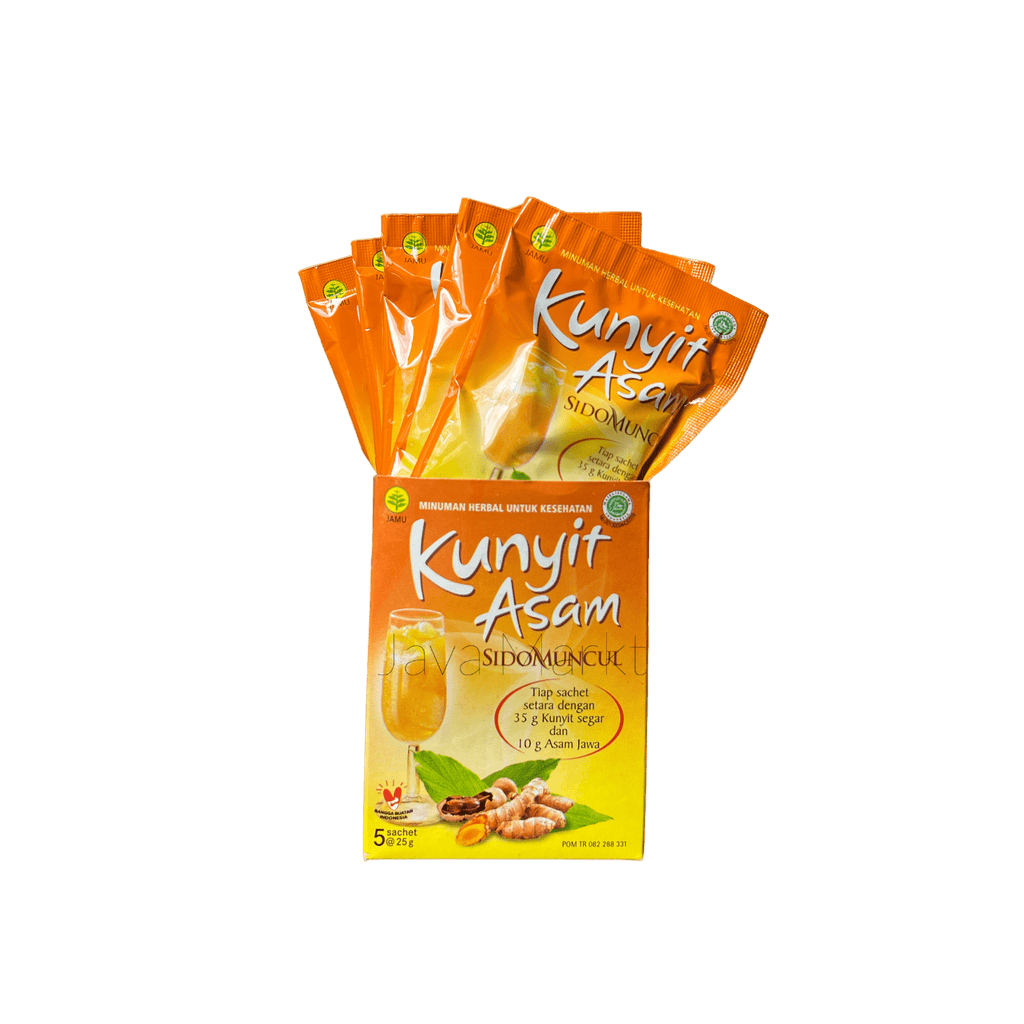 Nesia Sidomuncul Kunyit Asam Getränk in einer Flasche mit gelber Flüssigkeit und Kunjit-Asa-Label auf dem Etikett