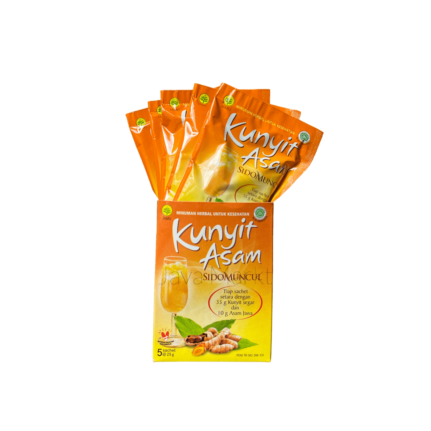 Nesia Sidomuncul Kunyit Asam Getränk in einer Flasche mit gelber Flüssigkeit und Kunjit-Asa-Label auf dem Etikett