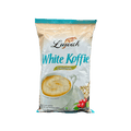 Luwak White Koffie Original Kaffee von Nesia Food in einer Tasse mit weißem Kaffee und Kaffeebohnen auf weißem Hintergrund