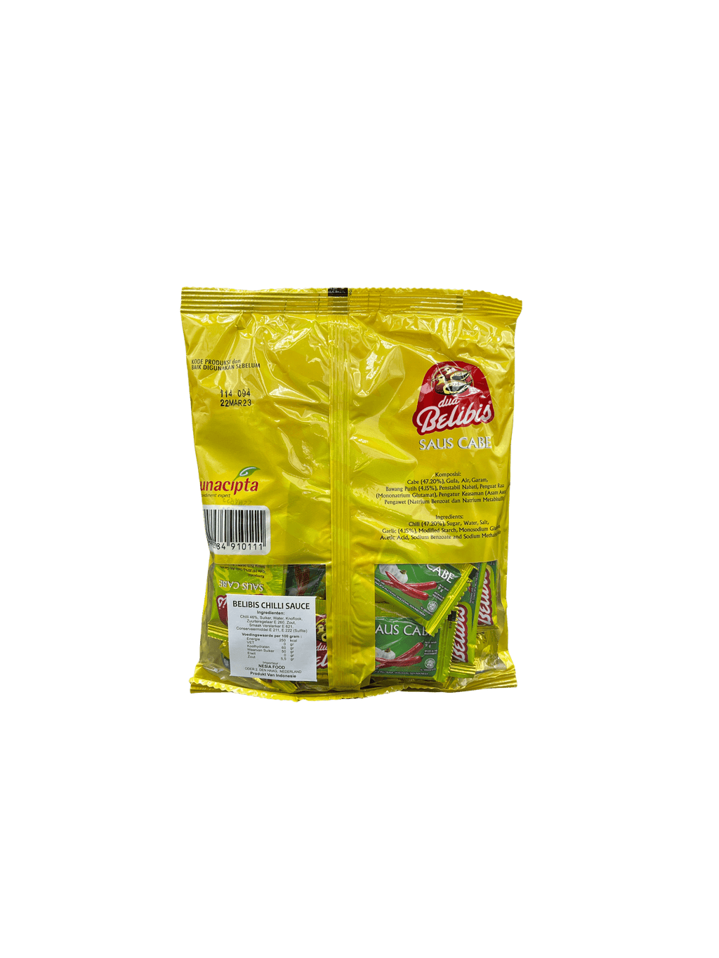 Sachet mit Dua Belibis Saus Cabe, scharfe Chilisauce von Nesia Food, in einer transparenten Verpackung sichtbar