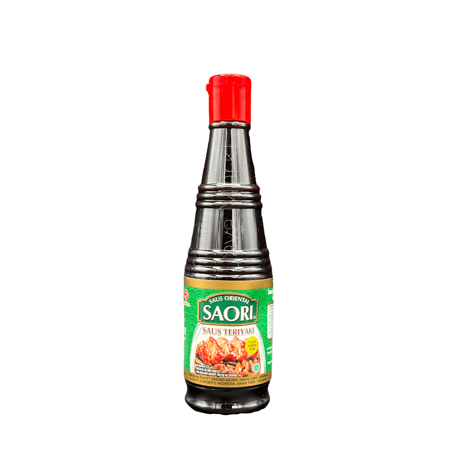 Nesia Saori Teriyaki Sojasauce in Flasche, ideal für asiatische Gerichte, mit dunkler, glänzender Oberfläche, auf einem Küchenhintergrund