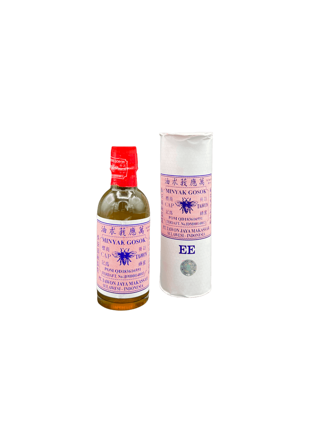 Nesia Food Tawon Massageöl EE, Massageöl mit natürlichen Inhaltsstoffen, Flasche mit gelb-grüner Beschriftung, Anwendung sichtbar