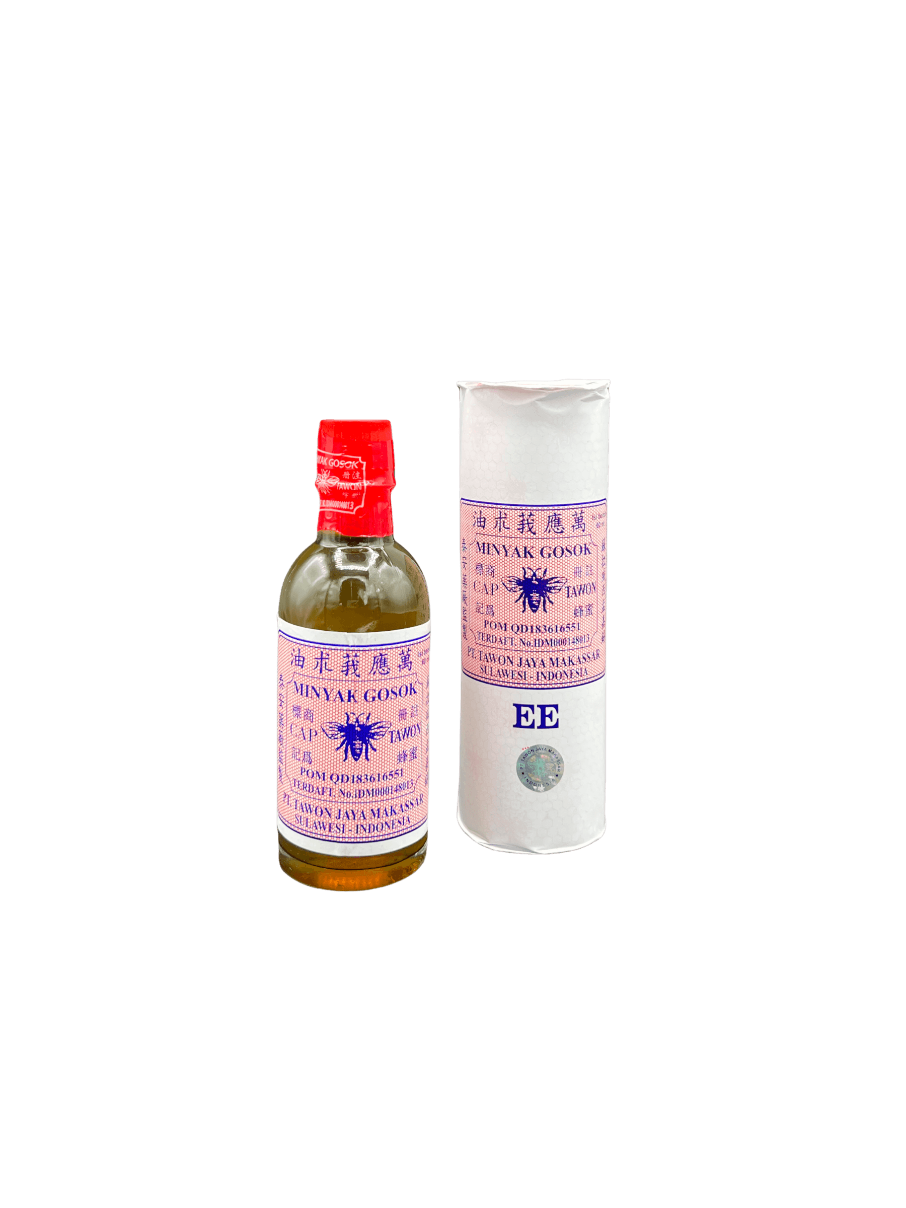 Nesia Food Tawon Massageöl EE, Massageöl mit natürlichen Inhaltsstoffen, Flasche mit gelb-grüner Beschriftung, Anwendung sichtbar