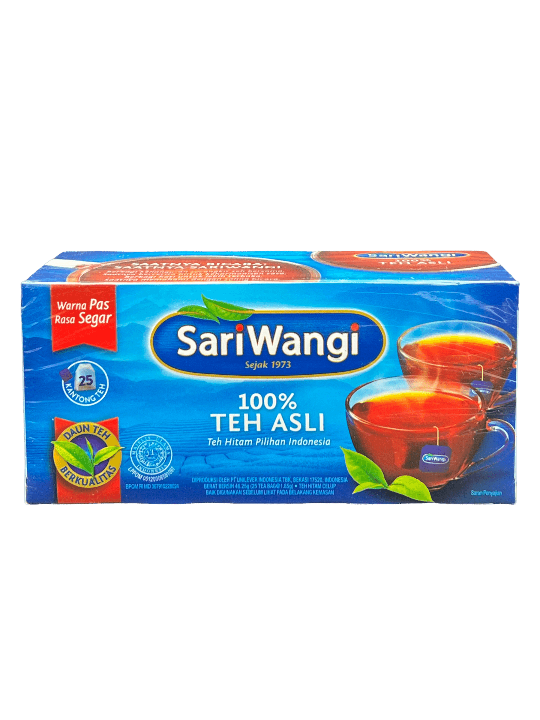 Sari Wangi Teh Asli von Nesia, eine Packung mit Tees & Aufgüsse, frisch und aromatisch in einer weißen Verpackung.