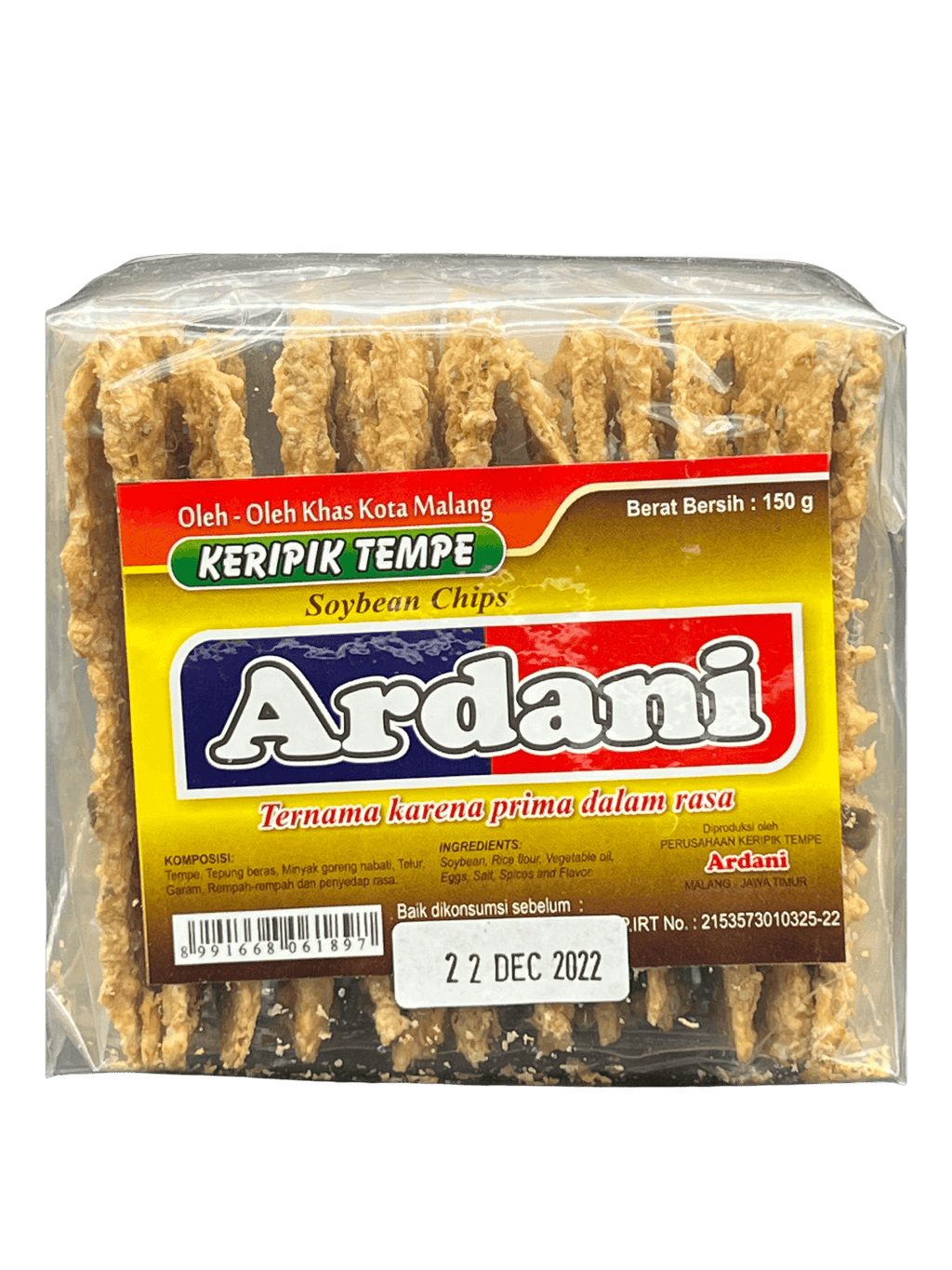 Nesia Ardani Tempeh Chips, knusprige Tempeh-Snacks mit goldener Farbe und knuspriger Textur auf weißem Hintergrund.