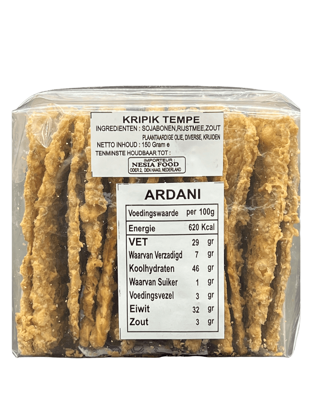Knusprige Ardani Keripik Tempeh Chips von Nesia, goldbraun und knusprig, auf weißem Hintergrund.